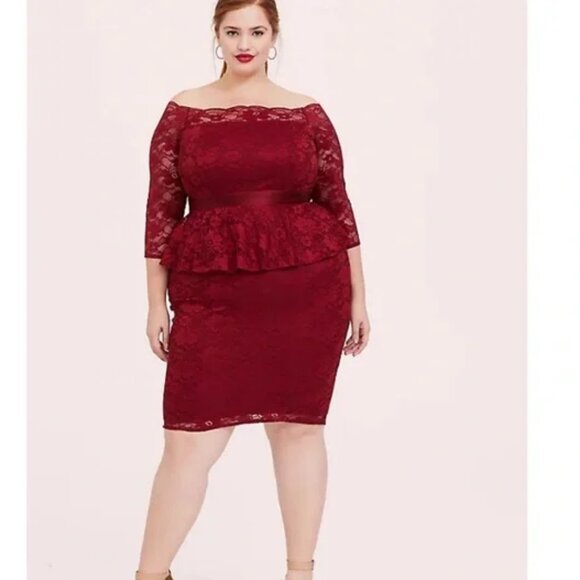 torrid Dresses & Skirts - Dark Red Lace Off Shoulder Peplum Dress